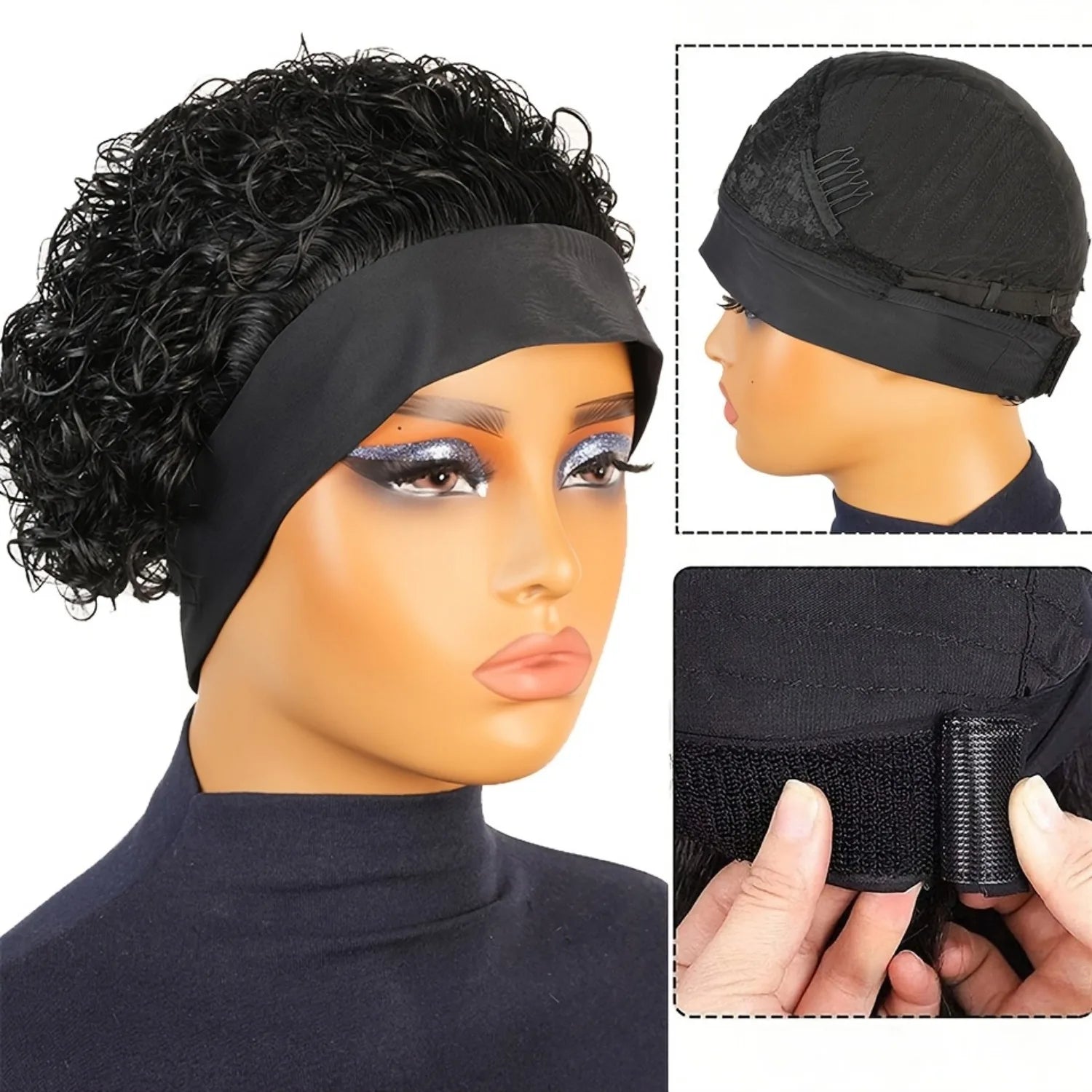 Stylish Pixie Cut Headband Wig for Women -headband wig Short Curly Human Hair, Natural Black, Full Machine Made Wig