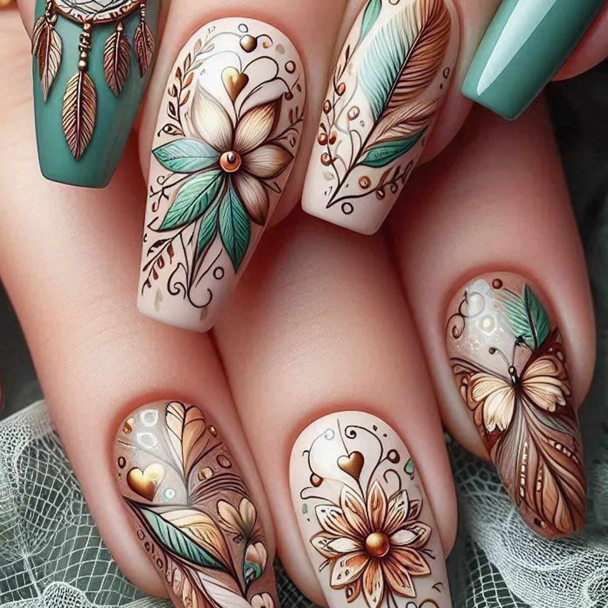 24Pcs Sweet Cool Coffin Fake Nails Butterfly Flower Acrylic Nail Glitter Glossy False Nail Full Cover Autumn Press on Nails Tips