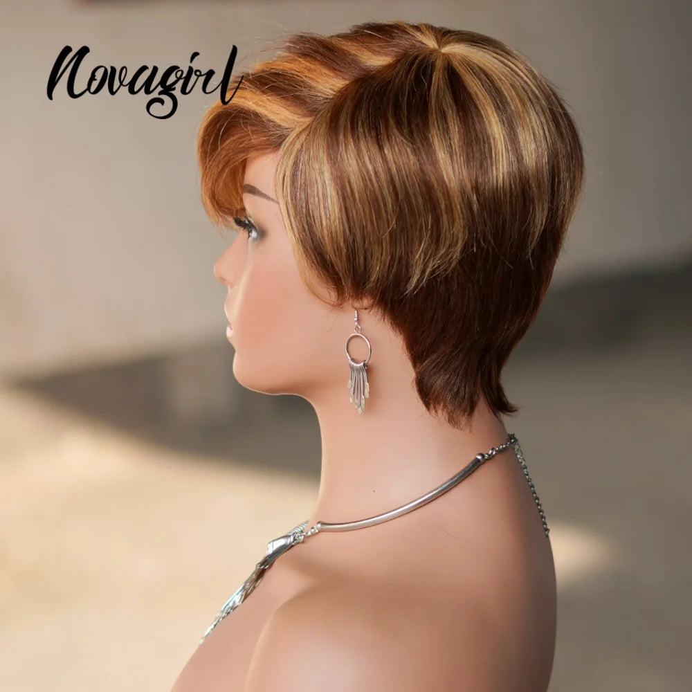 High Quality 6 Inch Pixie Wigs Color P4/27 for Women Full Machine Made Brazilian Virgin Remy Human Hair Soft Comfortable
