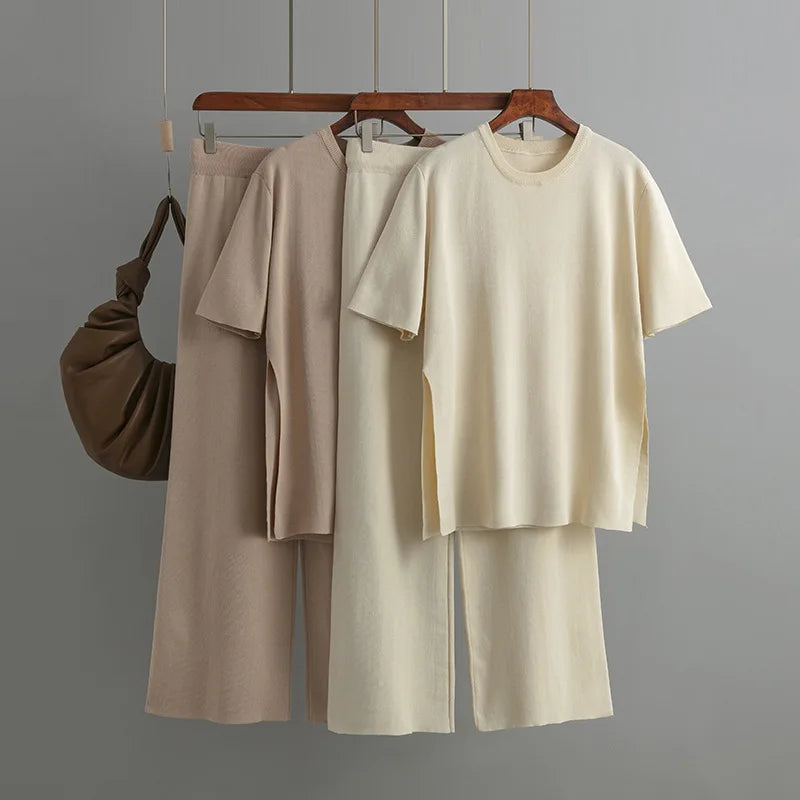 Pants Suit Women V-neck Loose Split Knit Tops Fashion Two-piece High Waist Straight Casual Pants Two Piece Sets Womens Outifits