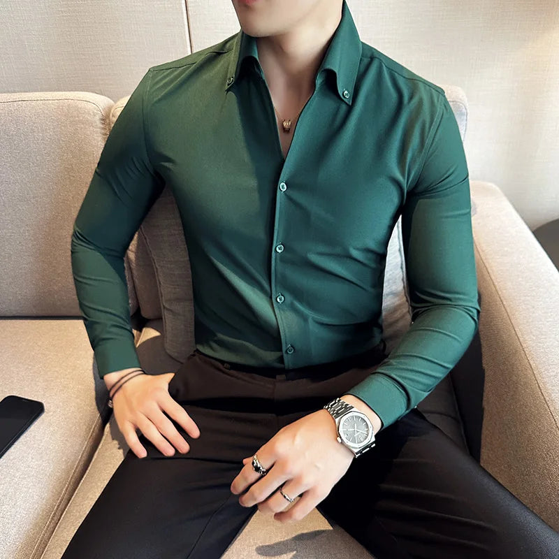 Men Dress Shirt Autumn British Style Solid Casual Slim Fit Formal Camisas V-neck Long Sleeves Shirt Streetwear Men Clothing