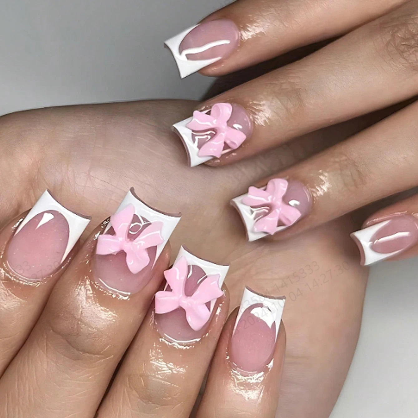 24PCS- Coffin nail plate, 3D 3D pink bow, pink flower pattern decoration, rhinestone setting, suitable for fashionable girls