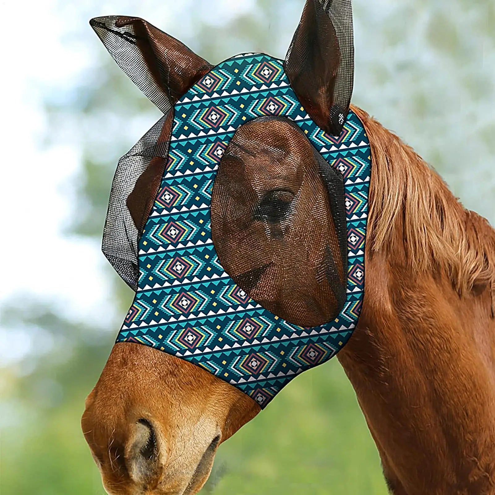Masque pour cheval avec oreilles, protection anti-mouches respirante, ouverture réglable pour la crinière, équipement équestre, protection UV, fournitures pour animaux de compagnie