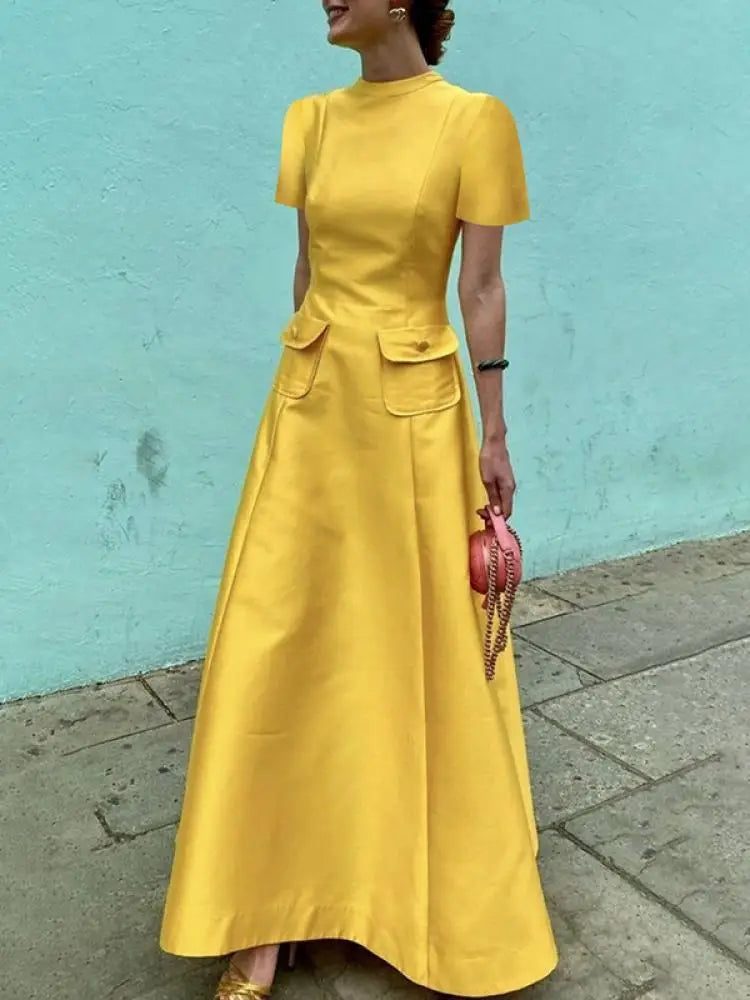 Elegant Party Evening Maxi Dresses for Women New Summer Short Sleeves Pockets Solid Color Round-Neck A-Line Dress