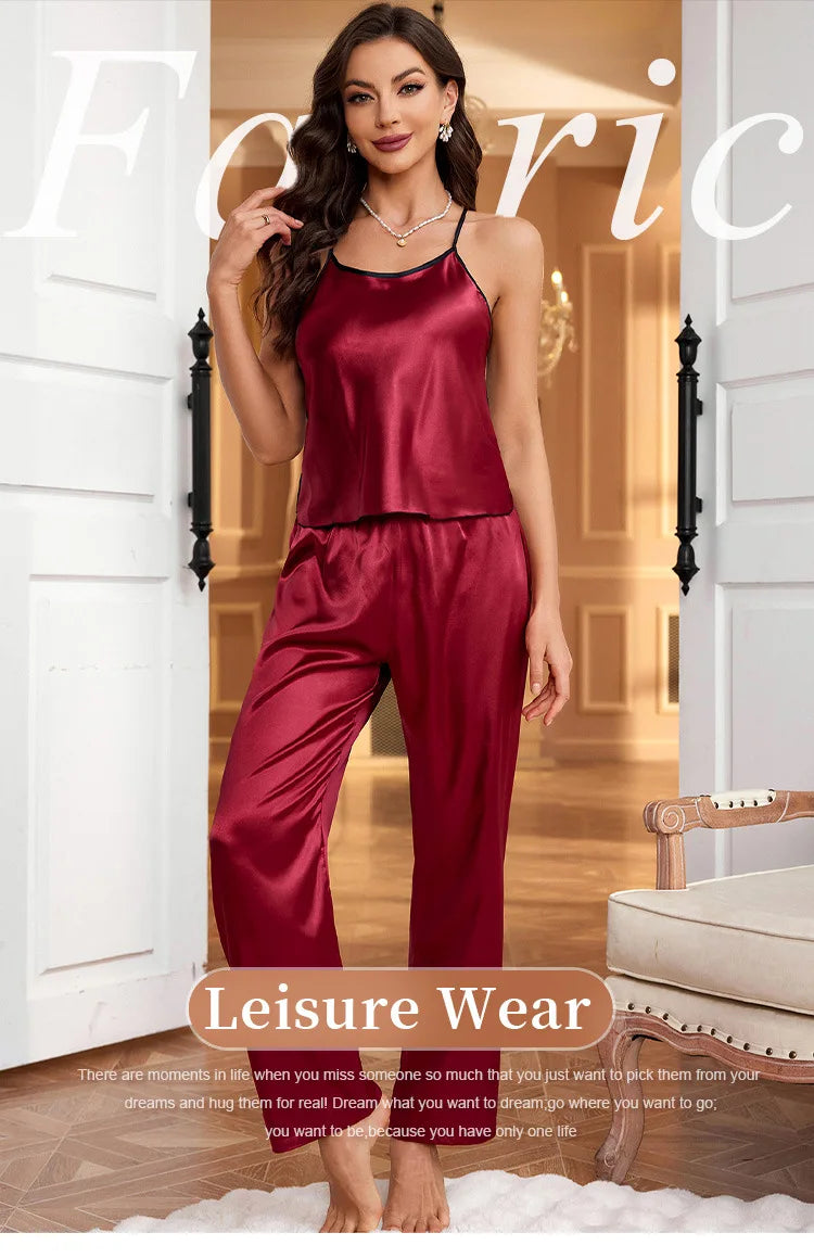 Women Sexy Satin Pijamas Set Lingerie Sleepwear Silk Saitn Nightwear Sleeveless Pajamas Set Home Wear Pyjama Femme Pyjamas