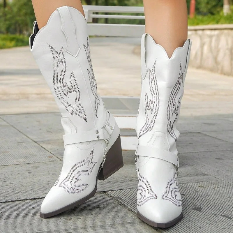 Women Boots Autumn Winter Fashion Embroidered Western Cowboy Boots Women Casual Comfortable Pointed Toe Thick Heel Shoes Woman