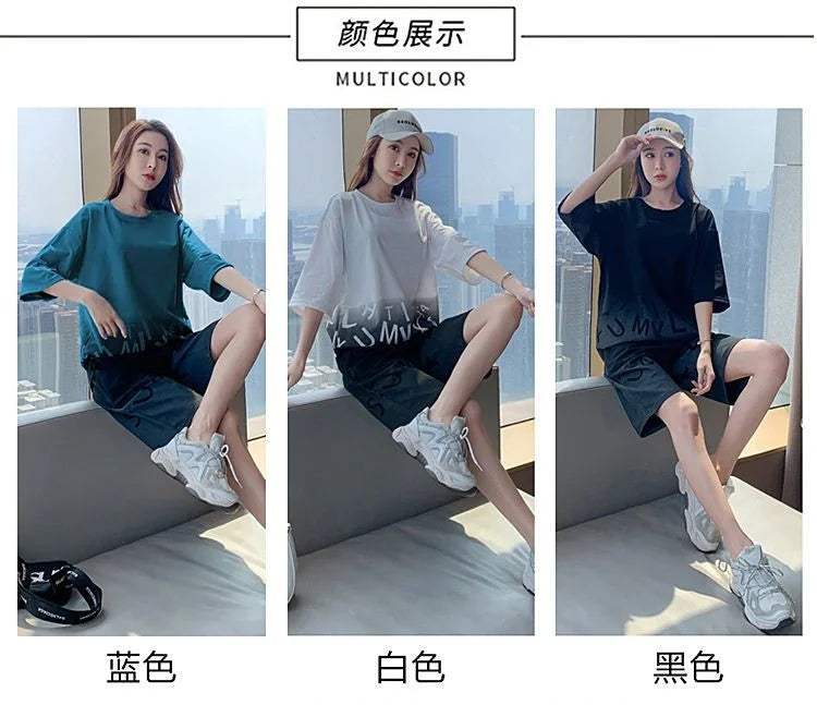 Women's Casual Sports Short Suit Summer New Fashion Fried Street Long T-shirt Crop Tops 2 Two Piece Set For Women Tracksuit