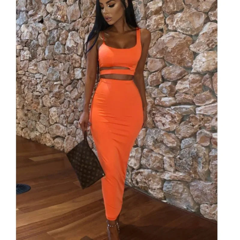 Summer New Women's Skirts Sets Strapless Cutout Crop Top+High Waist Stretch Tight Skirt Sets Fashion Lady Sexy Two-Piece Outfits