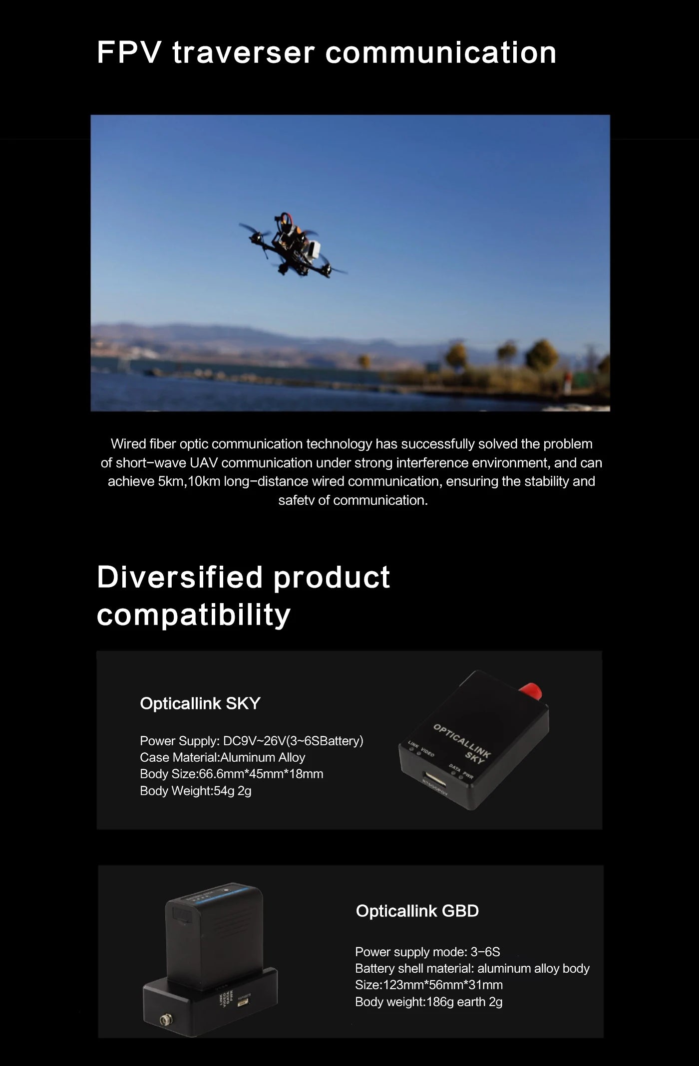 Optical Fiber for FPV Drone Guided Fiber Control Drone Fpv Racing Drone with Photoelectric Module Anti-Jamming 2km/3km/5km/10km