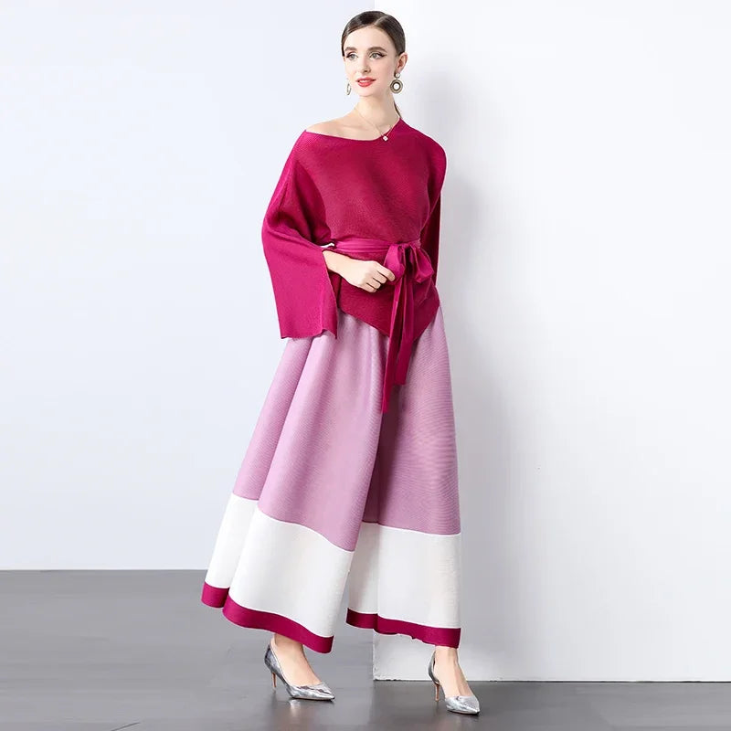 Women's Fashion Two-Piece Set for Spring Loose Irregular Pleated Patchwork Belted Top with Wide-Leg Pants Miyake 2024