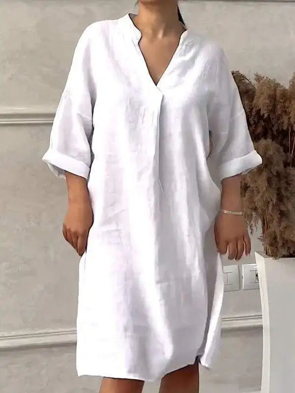 Fashion Cotton And Linen Women's V-neck Loose Dress Spring And Summer Solid Color Casual Short Sleeved Pocket Midi Dresses