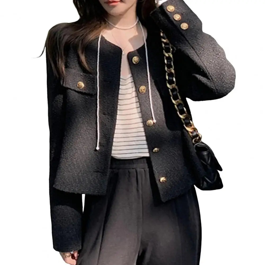 Round Neck Jacket Stylish Single-breasted Women's Coat for Fall Spring Long Sleeves Cardigan in Solid Color Loose Fit for Dating
