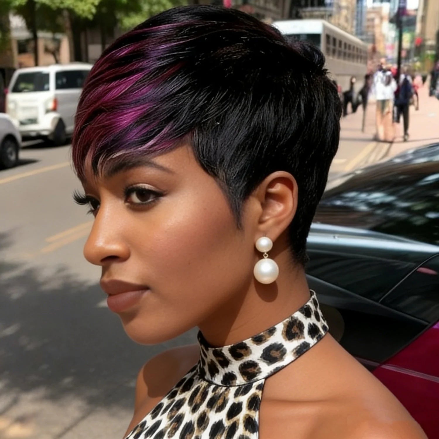 Short Straight Human Hair Full Machine Made Wigs for Women Black Mixed Purple Pixie Wigs