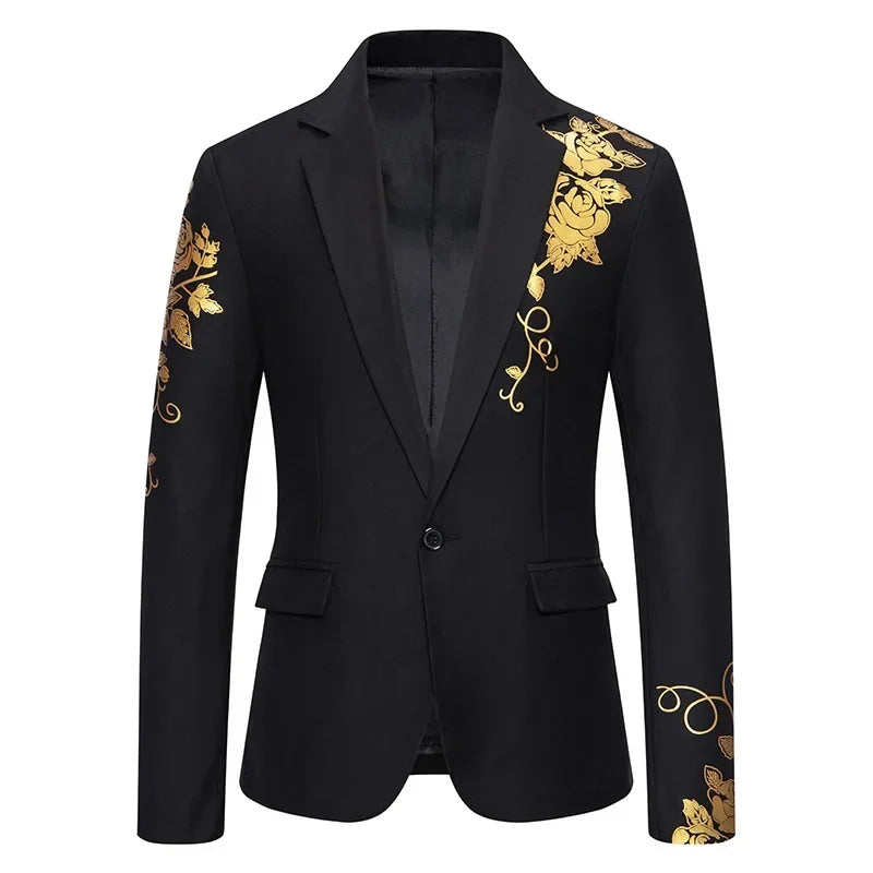 New Men Business Social Suit Loose Jacket Black / White / Royal Blue Fashion Male Wedding Prom Party Rose Printed Blazers