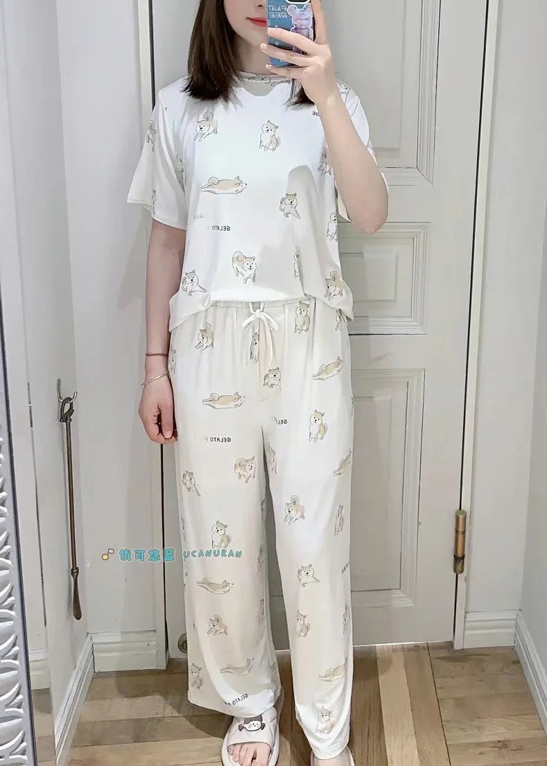 Sales Pajamas Set Women Room Wear Ladies Pajamas Ladies Cotton Shiba Inu Printed Lounge Wear