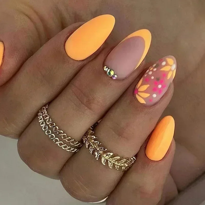 French Press on Fake Nails with Flowers Designs Summer Blue Short Almond False Nails Wearable French Full Cover Press on Nails