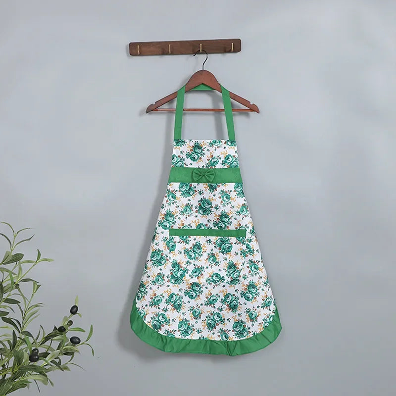 Oil-proof Cooking Apron for Women Adjustable Kitchen Cooking Coffee Shop Flower Printed Bowknot Cleaning Aprons with Pocket