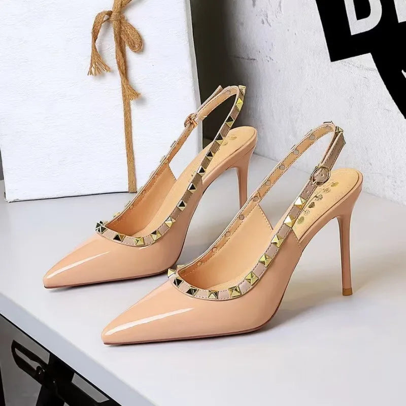 Women Pumps New Luxury High Heels Shoes Women Trend Metal Rivet Pointed Fashion Sexy Heels Women Wedding Shoes Zapatos De Mujer