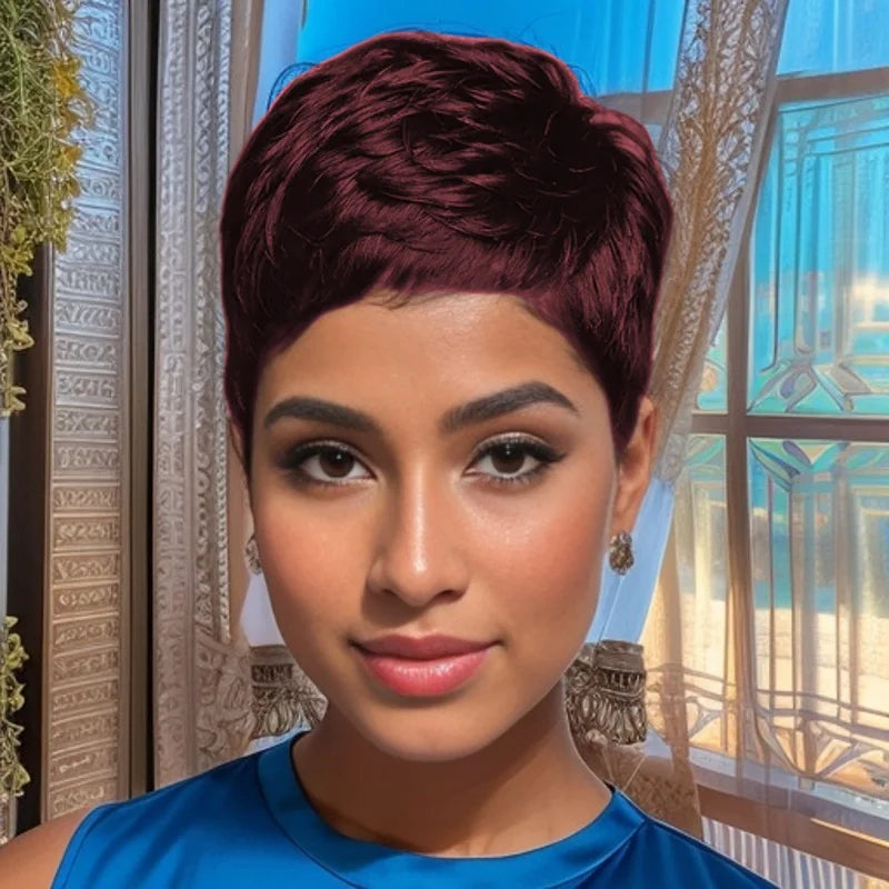 Short Pixie Cut Human Hair Full Machine Made Wig for Women 150% Density
