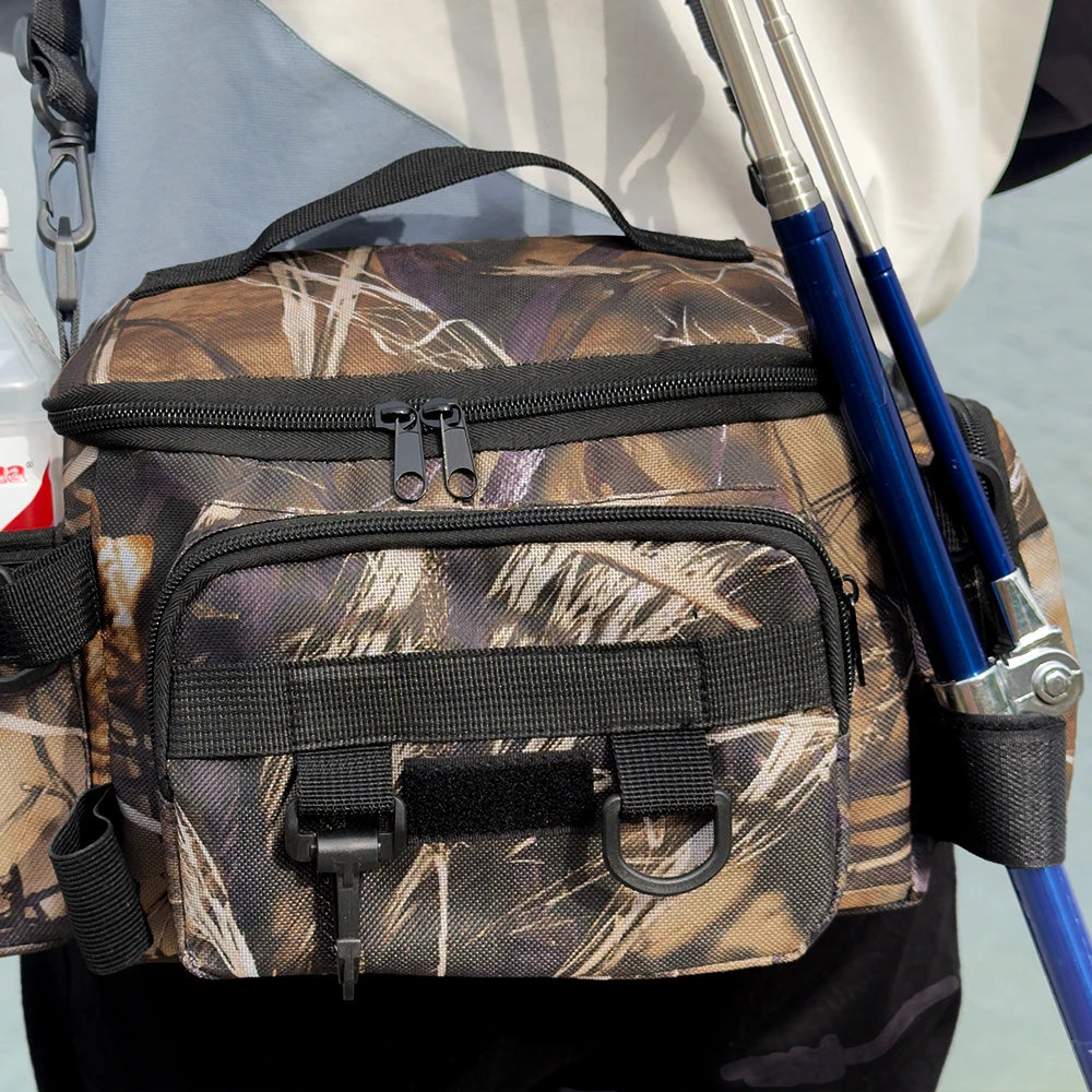 Mochila de pesca, caja de señuelos, bolsa de almacenamiento de aparejos, riñonera para hombres, mochila de pesca con mosca con soporte para caña, bolsa de hombro.