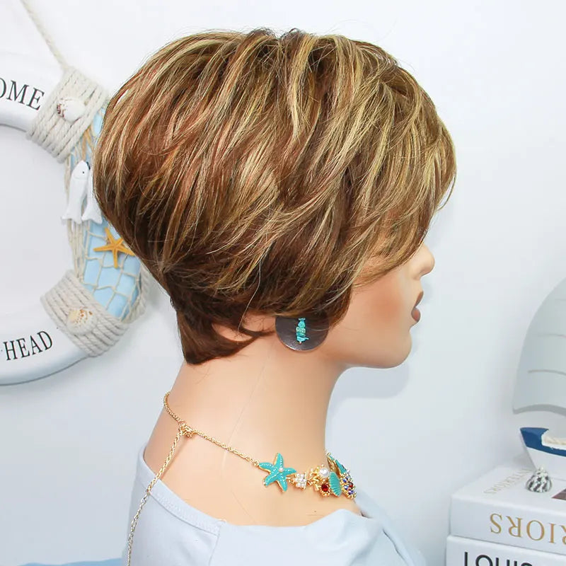 Short Straight Human Hair Wigs Highlight Color Brazilian Remy Hair Pixie Cut Wig Cheap Human Hair Machine Wig For Black Women