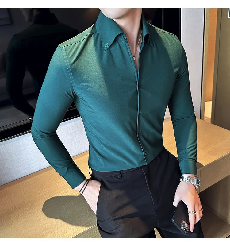 Men Dress Shirt Autumn British Style Solid Casual Slim Fit Formal Camisas V-neck Long Sleeves Shirt Streetwear Men Clothing