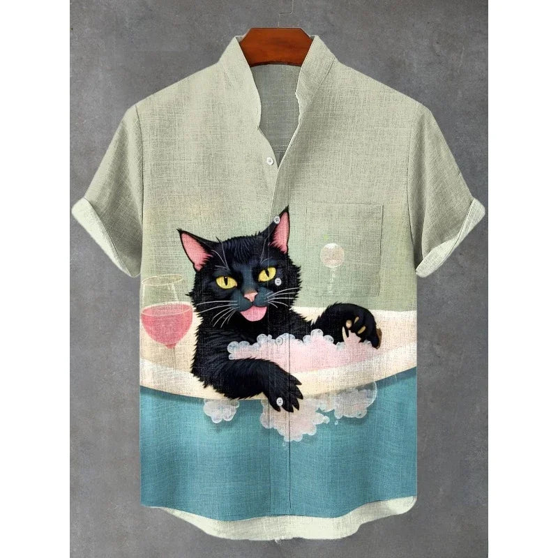 Men's I Must Be God Cat Drinking Red Wine Print Funny Harajuku Shirt Summer Hawaiian Shirts Harajuku Streetwear Casual Tops