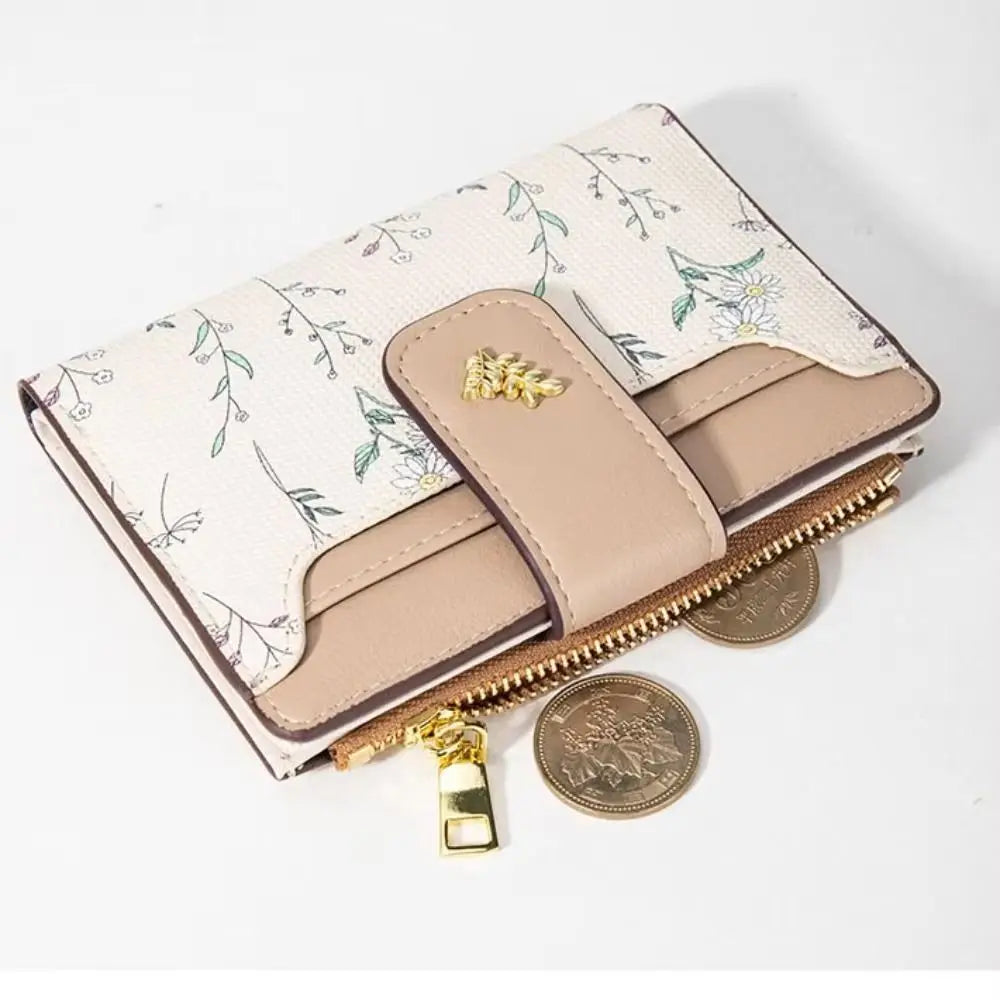 Slank PU-skinn kort lommebok med glidelås for flere kort, myntpung med hasp, liten blomsterkortveske, lommebok med glidelås for kvinner og jenter