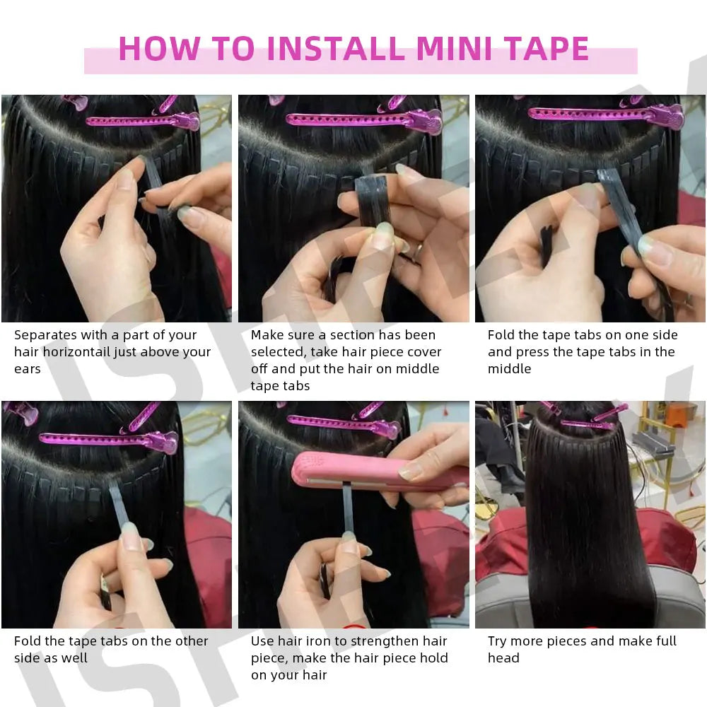 Isheeny 12"-24" Mini Tape Hair Extensions Machine Remy Human Hair Adhesive Tape In Human Hair Natural Straight 10pcs/pack
