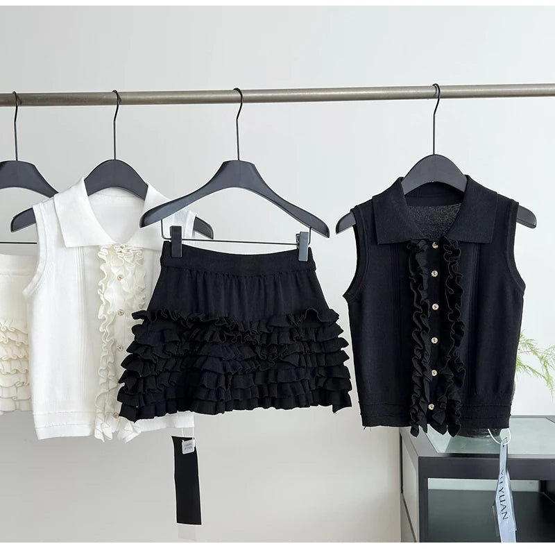 2 Two-Piece Knitted Skirt Sets Stylish Sleeveless Tank Tops and High Waist Layered Mini Skirts Black White Outfits Women Suits