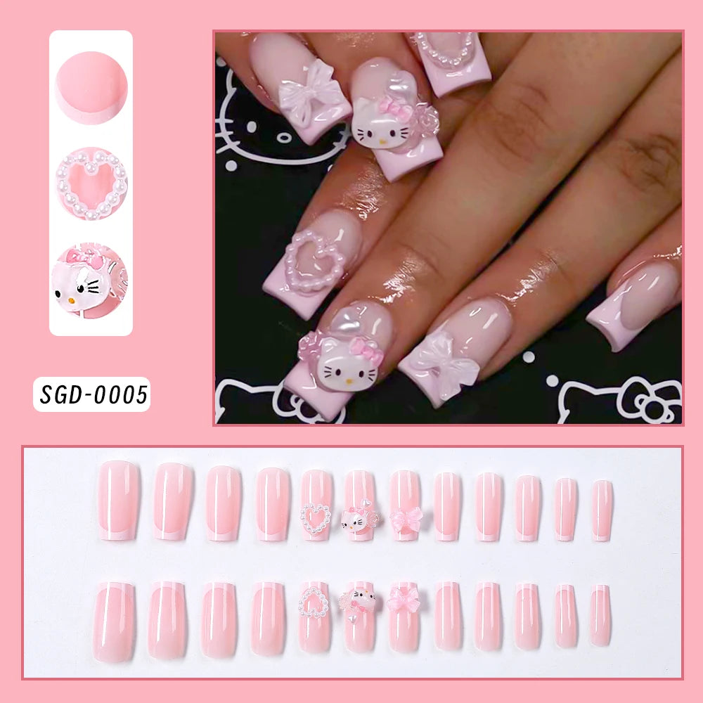 24pcs 3D Hello Kitty Heart Bow False Nails Pink-White French Press on Nails Medium Square Fake Nails for Daily/Party/Gathering *