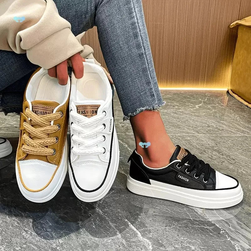 Breathable Round Toe Flat Sneakers - Lace Up Low Top Shoes for Leisure Walking Running Jogging