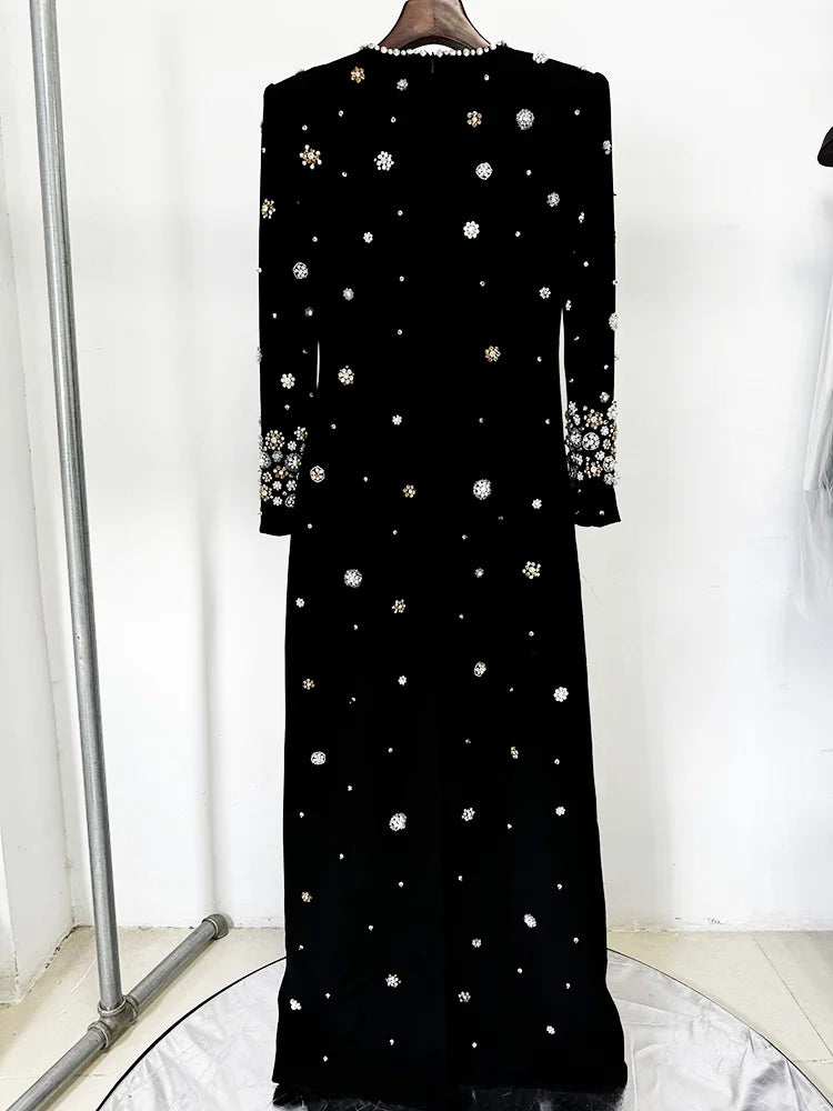 HIGH STREET Newest Fashion  Designer Party Vestido Women's Formal Long Sleeve Luxurious Beaded Long Maxi Dress