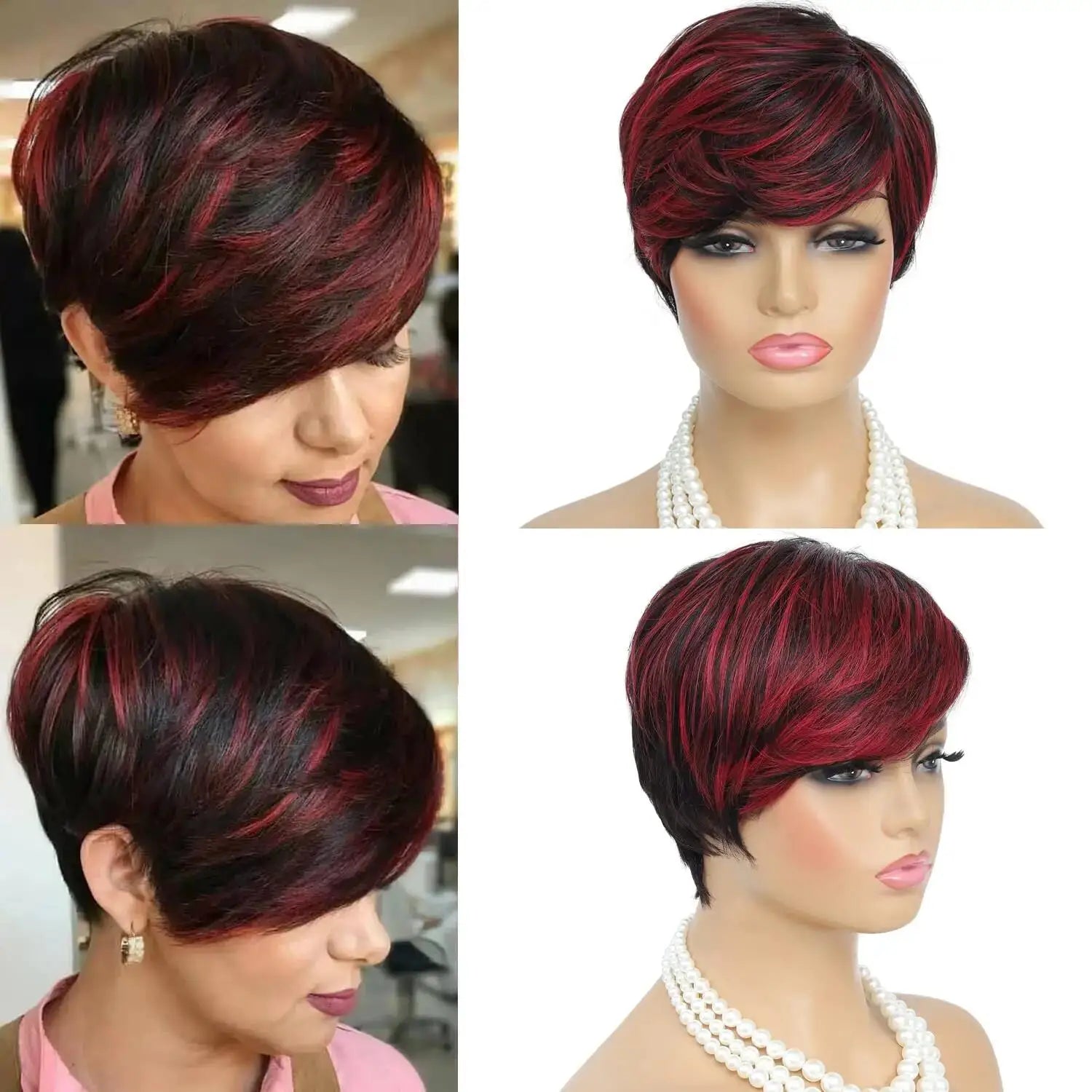 Cut Wig for Black Women Short Cut Wig Black Mixed With Red Curly Wigs Natural Black Mixed Red Pixie Cut Wig Synthetic Shor