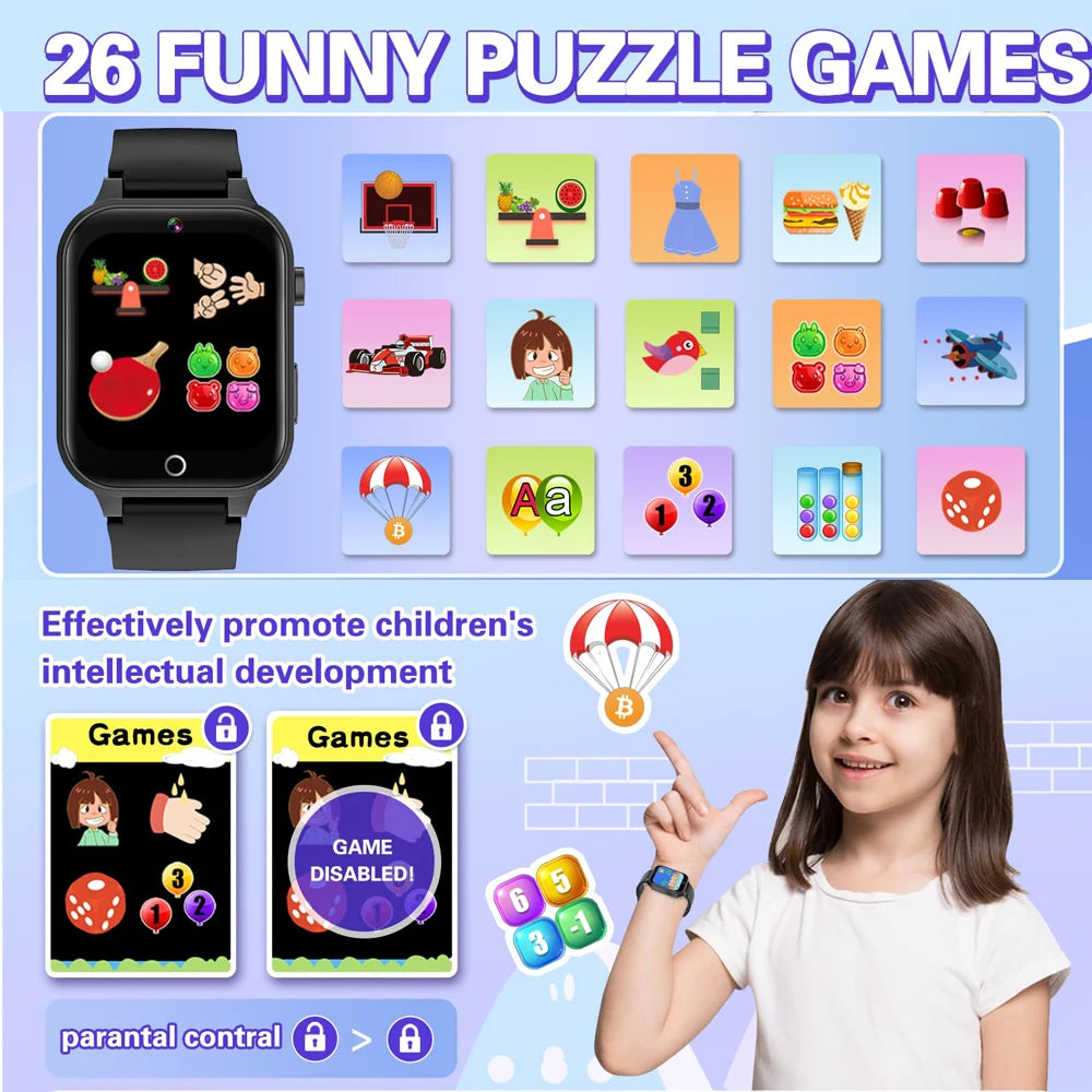 Kids Smart Watch 26 Games Touch Screen Camera Pedometer Video Music MP3 Alarm Clock Audiobooks Habit Track Children Toys Gifts