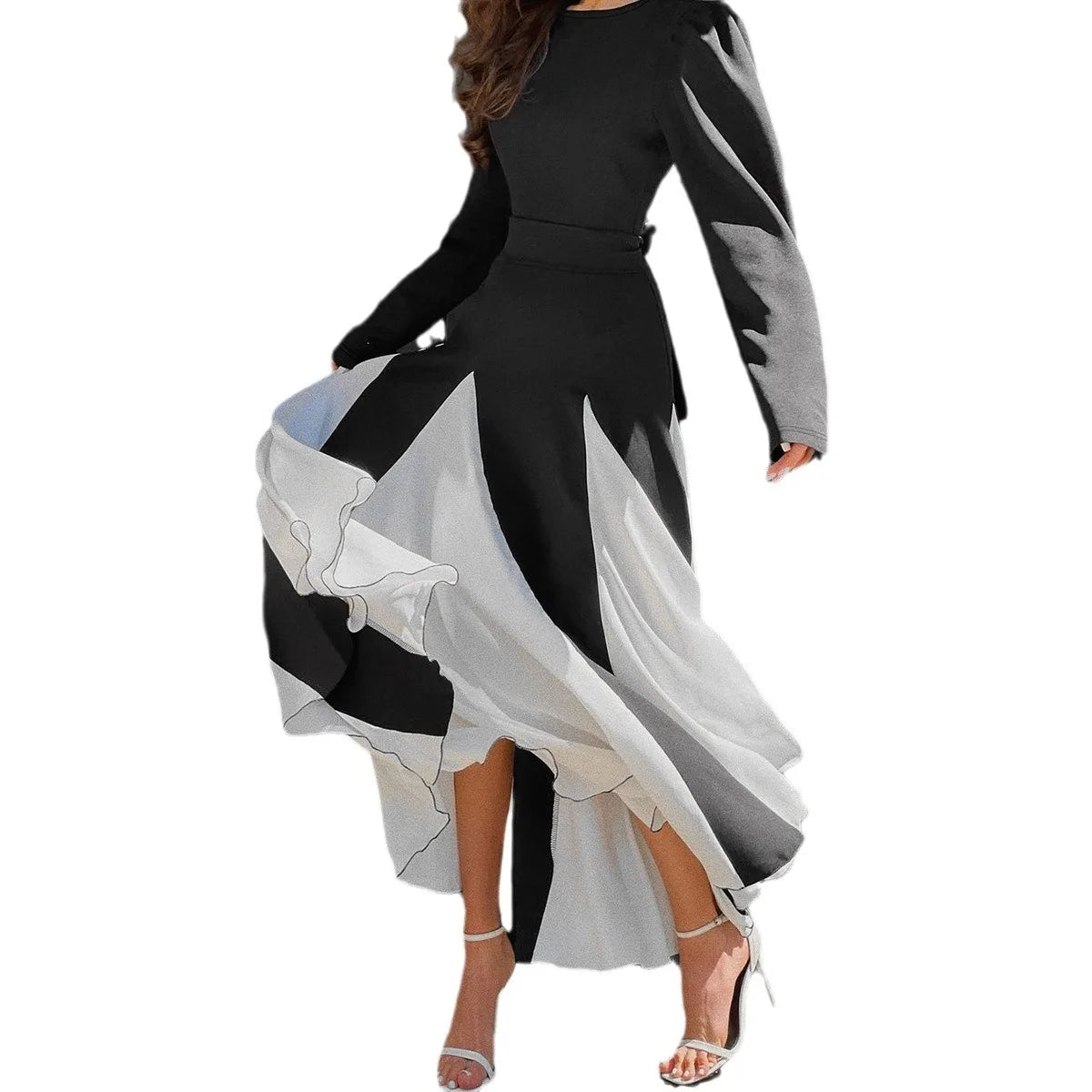 Women's Clothing Spring and Summer New Temperament Fashion Celebrity Style Contrasting Color Mid-waist Lace-up Dress