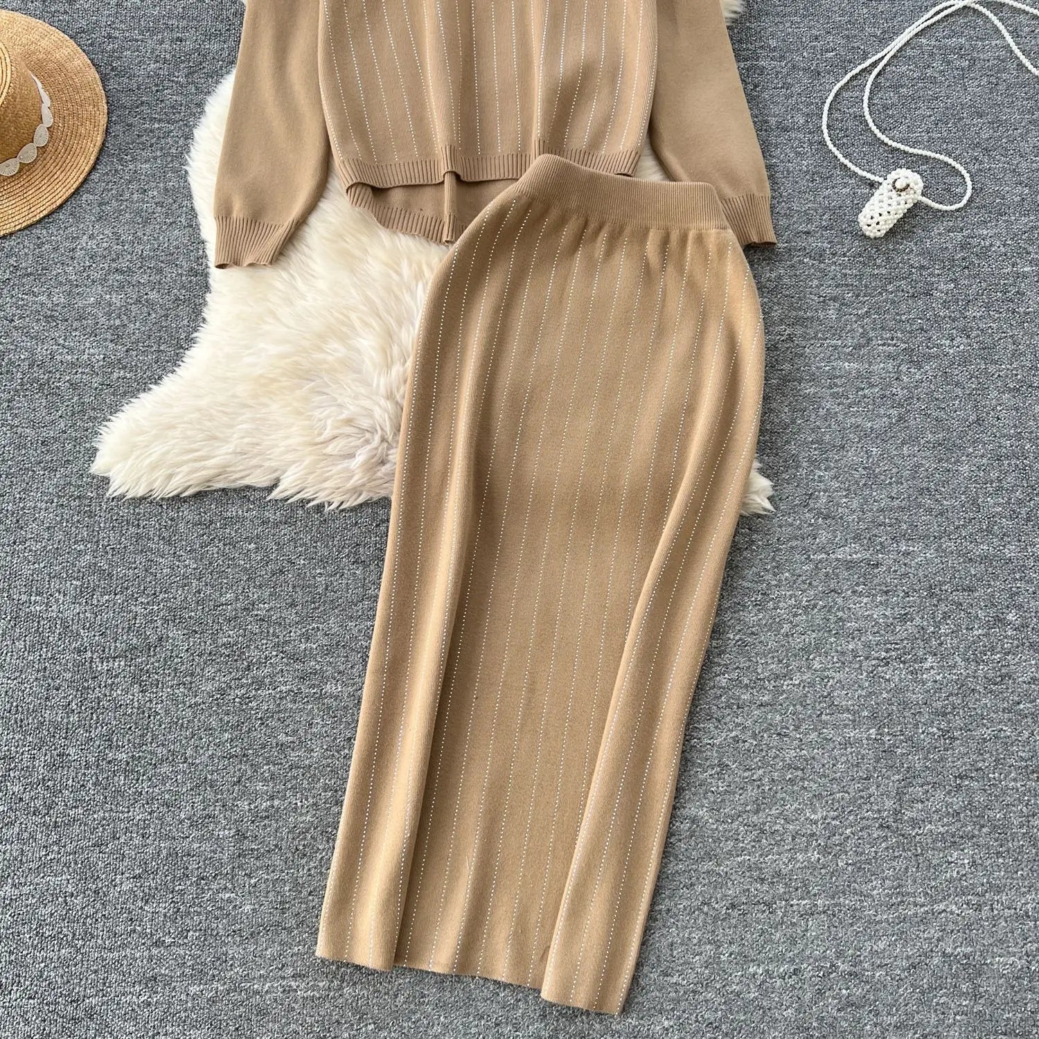 Women Skirt Sets Two Piece Sweater Set Full Sleeve Knit Tops Dress Sets Wrap Hip Skirts Casual Top Diamonds Spliced Autumn 2025