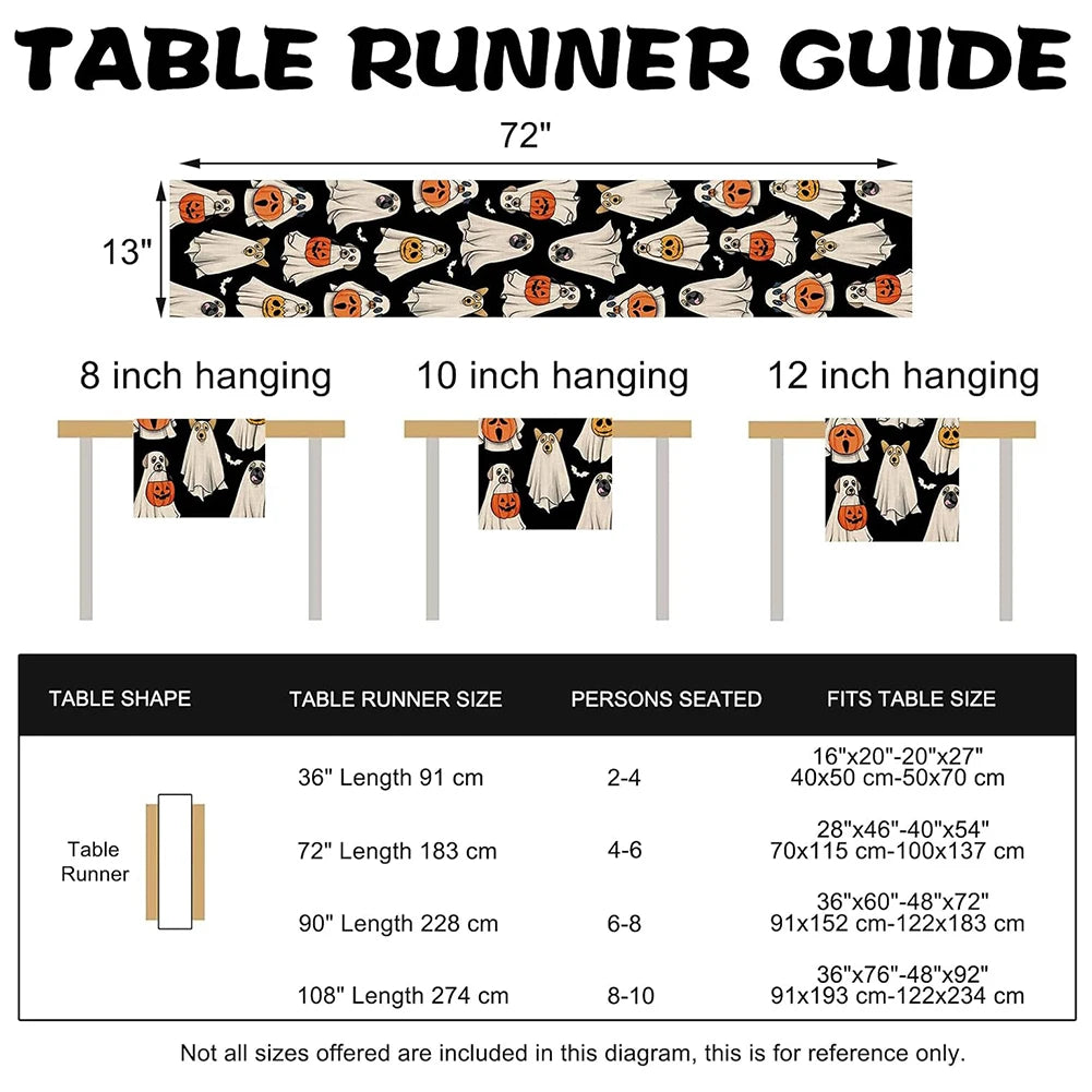 Halloween Spooky Ghost Dog Table Runner Jack O Lantern Pumpkin Bat Pumpkin Ghost Table Runner Indoor Outdoor Home Party Decor