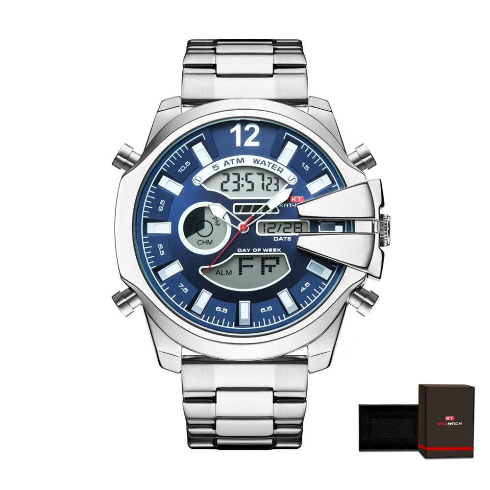 KAT-WACH Men Big Dial Wrist Watches Gold Top Brand Luxury Male Clock 2024 Gold Black Quartz Dual Display Chronograph Dropship