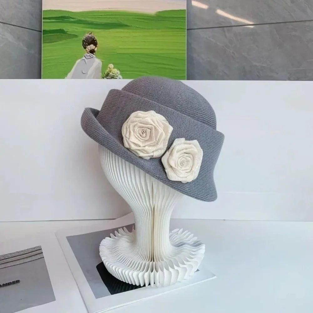 Vintage French Style Camellia Flower Cap Curl Brim Hepburn Floral Bowler Hat Elegant British Women's Formal hat Lady