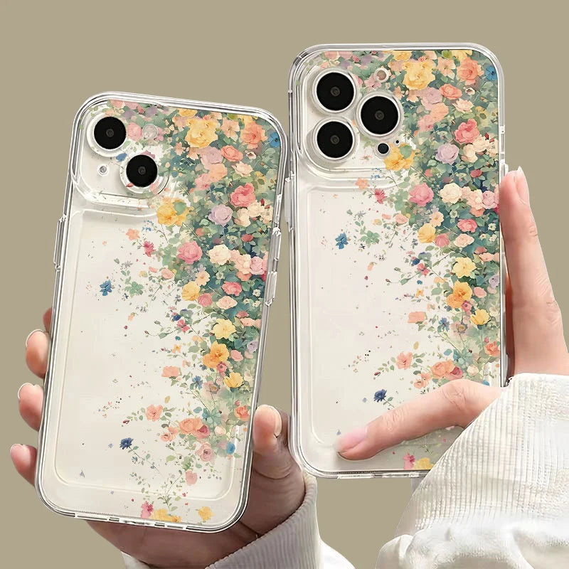 Flower Transparent Phone Case For iPhone 16 15 13 14 12 11 Pro Max Cases 15 14 16 Plus  Soft Shockproof Clear Protection Cover