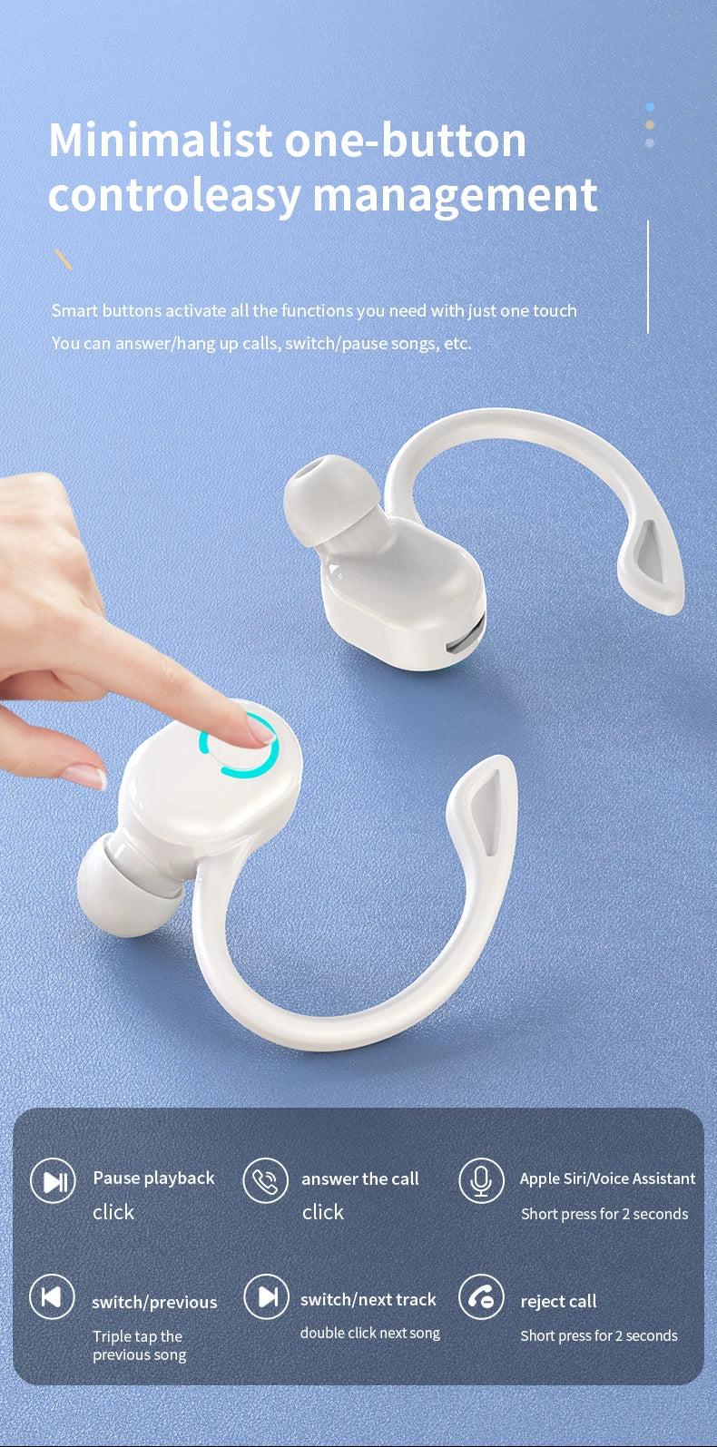 Auriculares inalámbricos Bluetooth graves HIFI con micrófono HD, tipo gancho para la oreja, auriculares con cancelación de ruido, resistentes al agua, para juegos y deportes