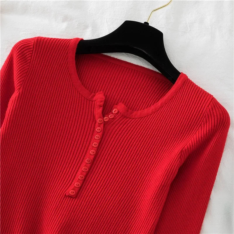 Korea Autumn Winter Button V Neck Sweater Women Basic Slim Pullover Women Sweaters And Pullovers Knit Jumper Soft Warm Tops
