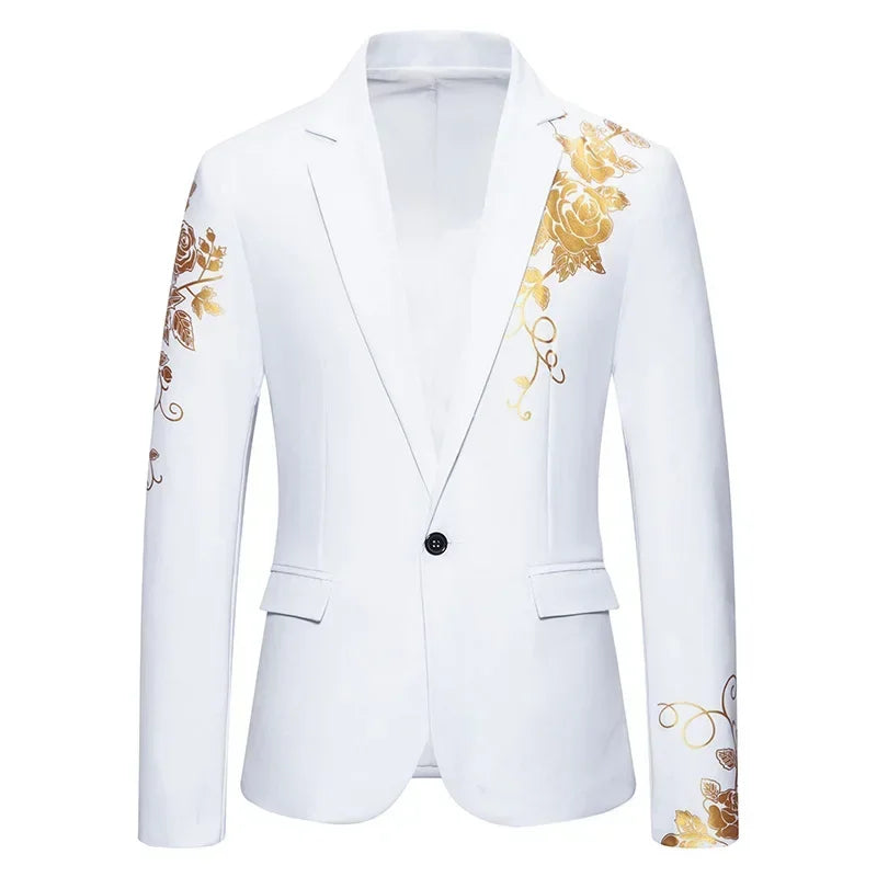New Men Business Social Suit Loose Jacket Black / White / Royal Blue Fashion Male Wedding Prom Party Rose Printed Blazers