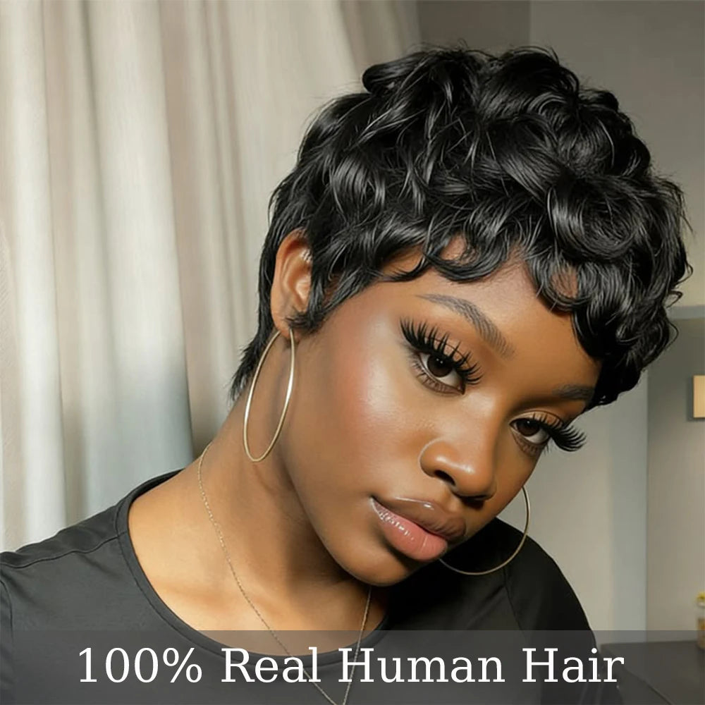 Short Black Curly Pixie Cut Brazilian virgin Human Hair Wigs with Bangs,  Natural Black Layered Wavy Wigs with Fringe, Full Machine Made,  Daily/Party Wear