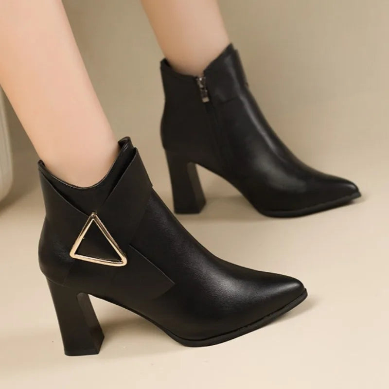 Women's High Heeled Bare Boots Fashionable Mid-heel Casual Chelsea Boots Winter New Women's Back Zipper Botines De Muje