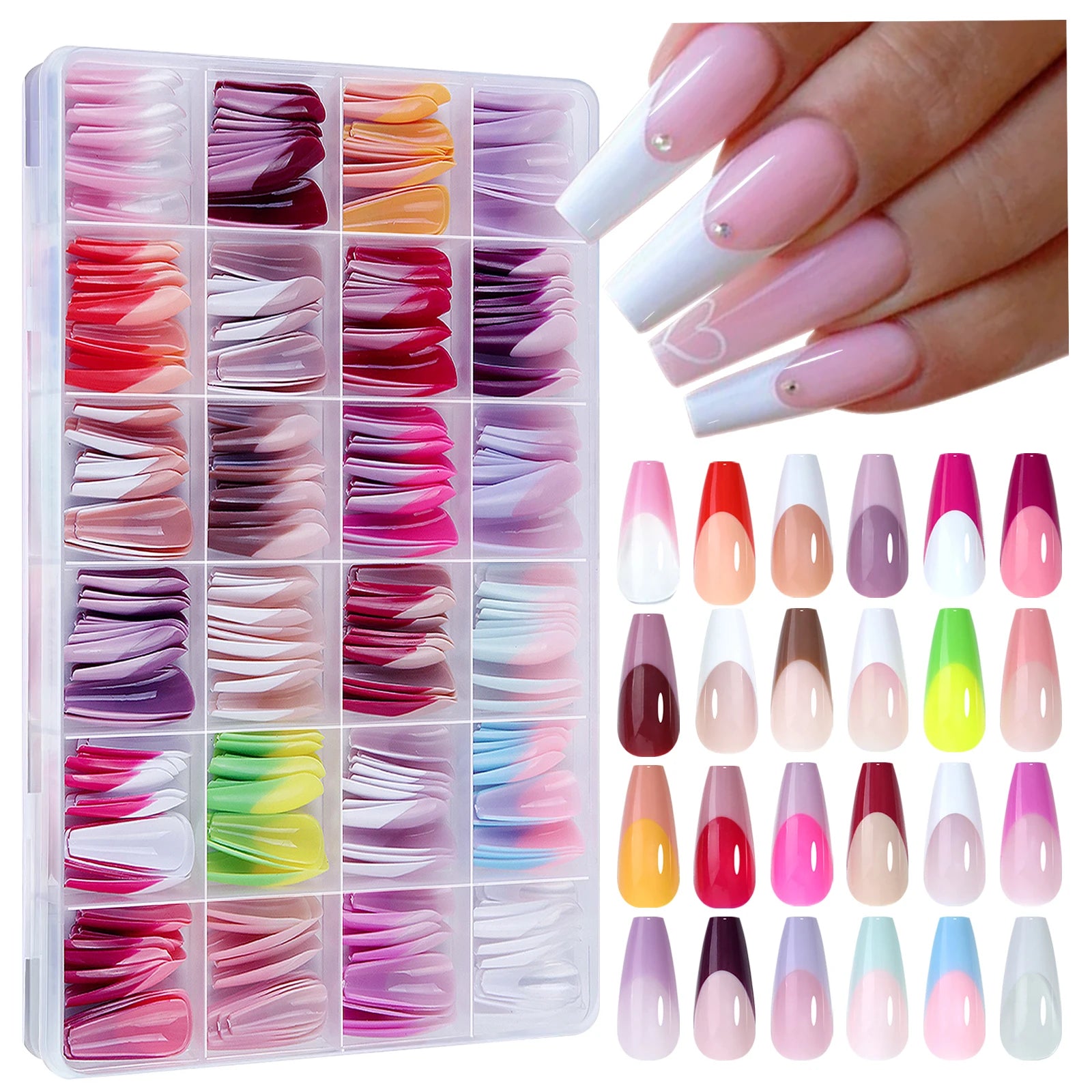 24 grid colorful French ballet false nails press on nails full cover acrylic reusable suitable for DIY kawaii false nail art set