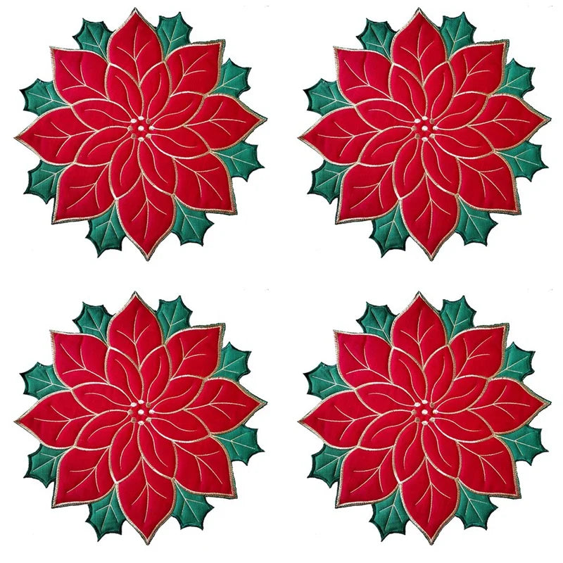 Holiday Christmas Embroidered Placemats Applique Poinsettia Placemats Christmas Flower Placemat For Table Decoration