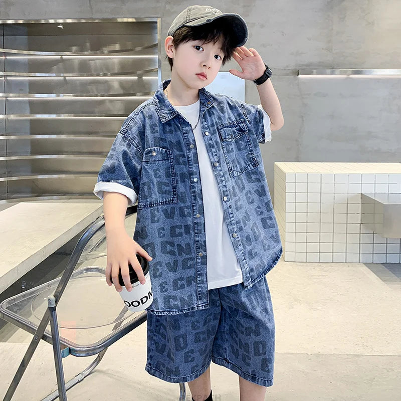 Conjunto de ropa casual de verano para niños Camisa y pantalón corto vaquero de 2 piezas para adolescentes y niños Traje de estilo urbano fresco