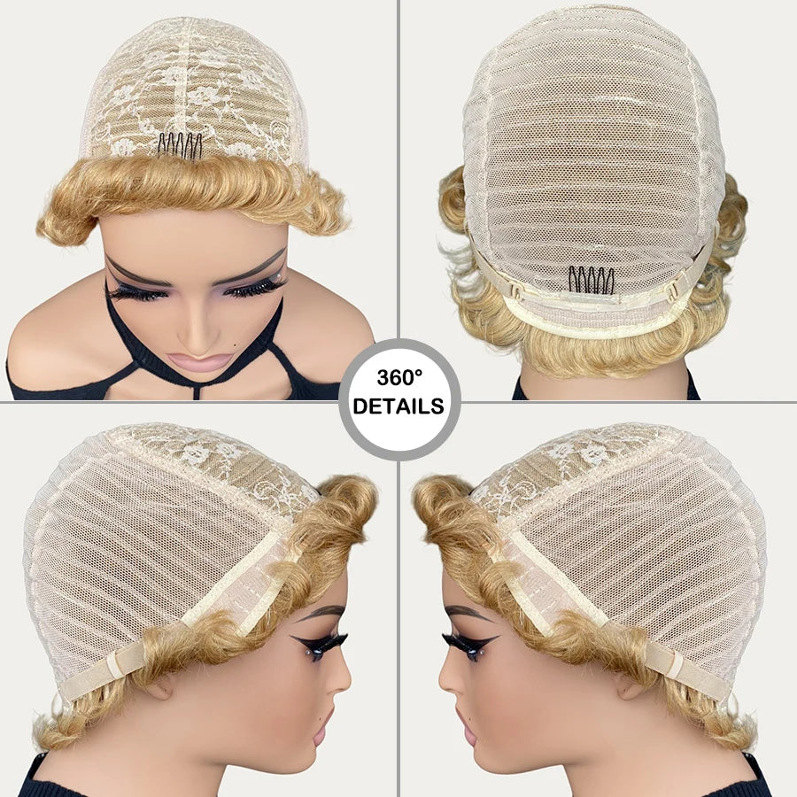 Blonde Bouncy Wave Curly Pixie Cut Human Hair Wig Vintage Dating Daily Hair Wig Machine Made Wig